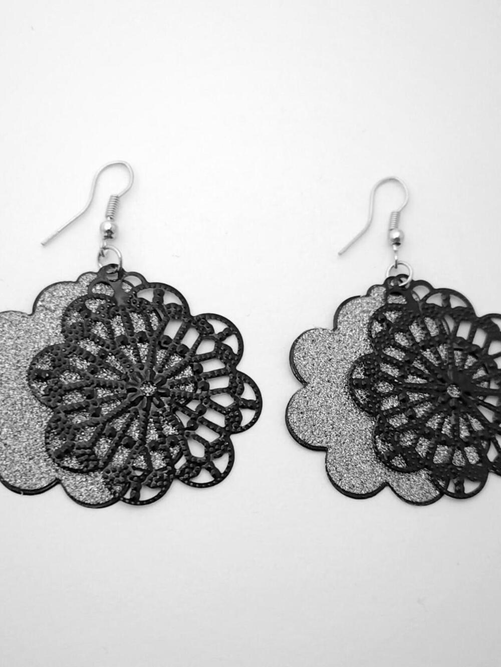 Black and Silver Layered Sparkly Dangle Earrings